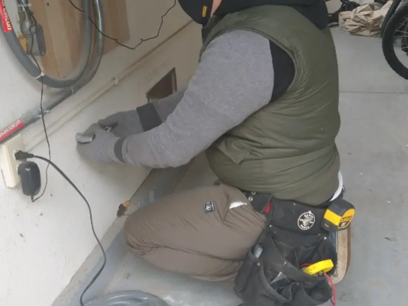 Electrician performing outlet wiring in a River Park garage